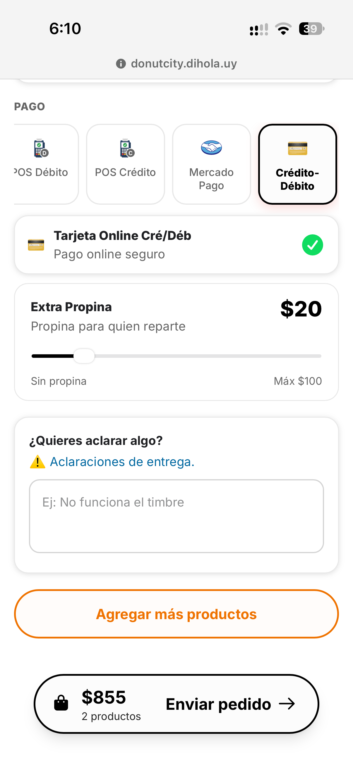 Checkout con métodos de pago dentro del menú web